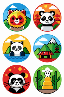 可爱动物与风景圆形插画