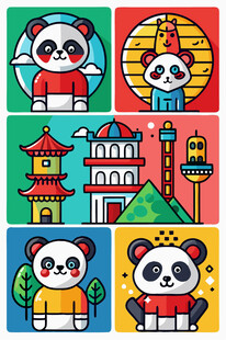 熊猫与中式元素插画组合