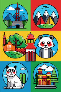 卡通风格世界地标动物插画