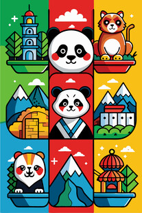 亚洲风情动物与建筑图案