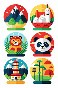 多彩动物与地标风景图标