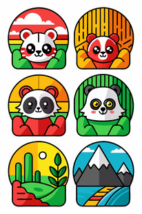 多彩动物与风景图标集合