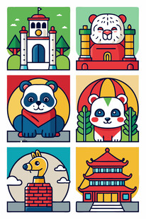 中国风建筑与熊猫插画