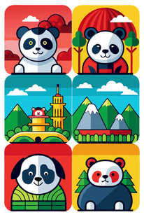 熊猫主题多彩插画图案