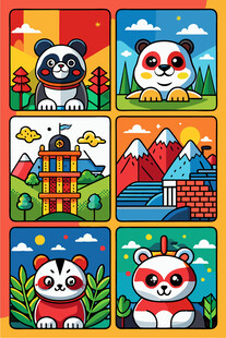 熊猫主题多彩插画图案