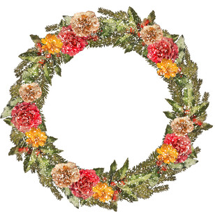 手绘多彩花朵绿叶花环