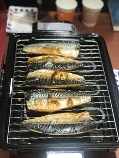 烤架上的美味煎烤秋刀鱼