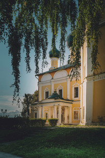 古典黄建筑与垂枝绿树