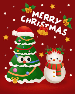 圣诞卡通树与雪人欢乐图