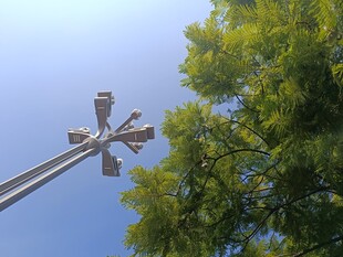 蓝天绿树间的路灯