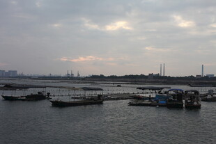 海港暮色中的停泊船只