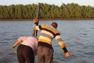 两人河边协作打捞场景