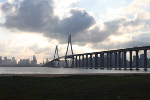 夕阳下的宏伟跨江大桥