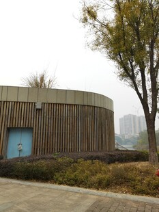 圆形木质建筑旁的树木