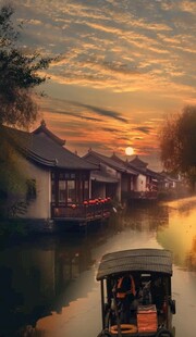 水乡黄昏小船景