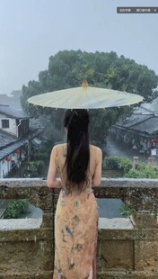 撑伞女子赏水乡烟雨景