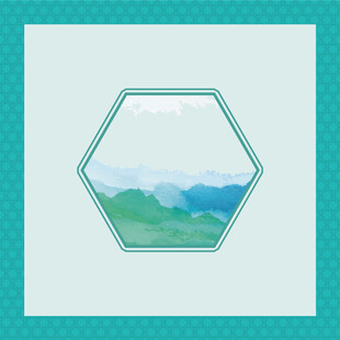 六边形框中的山水风景图