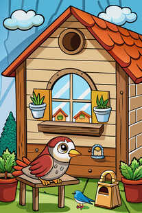 可爱木屋旁的小鸟与绿植