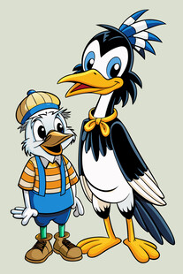 卡通角色鸭子与鸟的合影