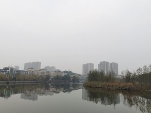 湖畔城市景观静谧风光
