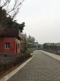 红砖小屋旁的砖石小路