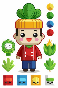 卡通男孩与多样植物元素