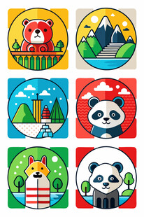 可爱动物与风景图标集合