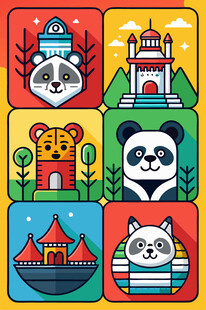 动物与建筑的多彩插画