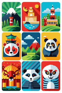 各国特色元素与熊猫插画