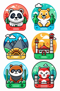 可爱动物与风景图标集合