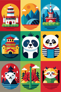 多彩城市与动物元素插画