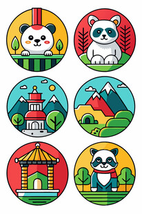 可爱熊猫与地标图案集合