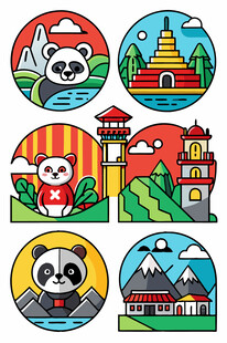 熊猫与亚洲地标图案集合