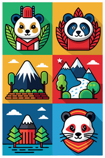 多彩熊猫与日本风景图标集
