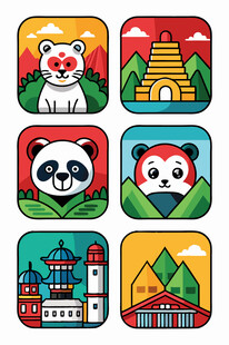 中国风卡通建筑与动物图标