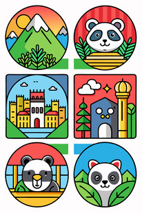 熊猫主题的多彩卡通图案