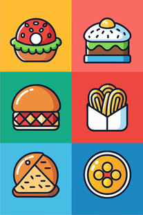 多彩美味快餐图标集合