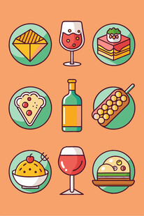 多彩美食与美酒图标集