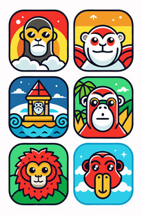 可爱动物与建筑图标集合