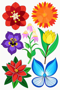 多彩花卉与蝴蝶插画