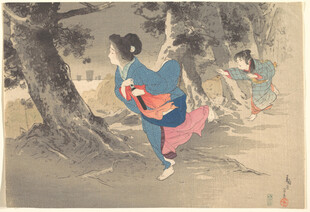 日本传统服饰女子林间漫步