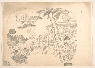 古代庭院景致线描图