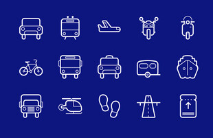 蓝色背景上的交通与旅行图标