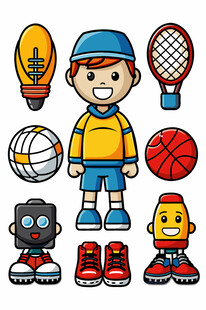 运动男孩与各类运动装备