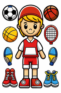 运动少年与多样体育用品