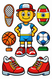 运动男孩与多样体育器材