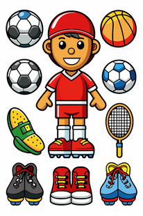 运动男孩与多样体育用品