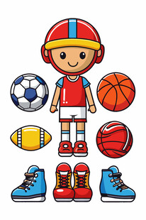 运动男孩与多样体育用品