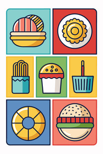 多彩美味糕点与汉堡图标