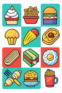 多彩卡通风格的美味食物